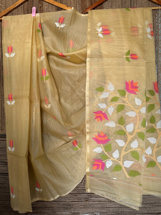 WALNUT CREAM JAMDANI HANDWOVEN PURE MUSLIN SILK SARI MJS 37