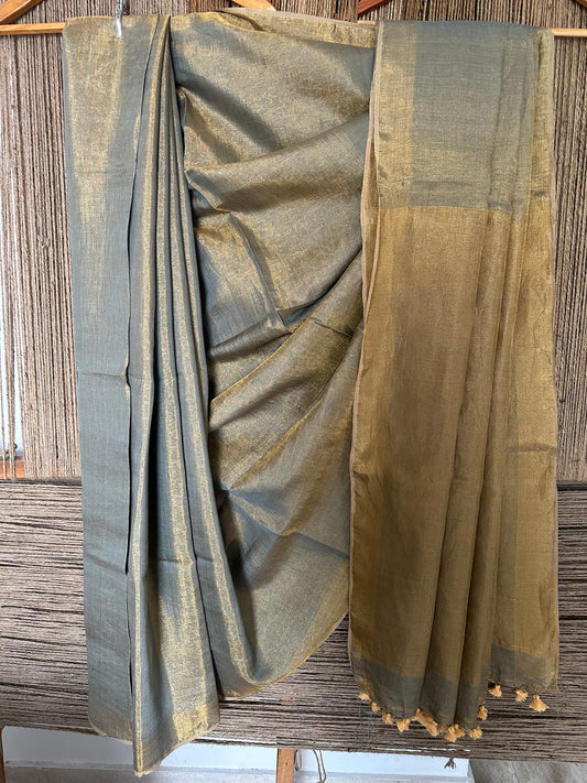 POWDER BLUE COPPER TISSUE LINEN ZARI SARI WITH WOVEN RED BORDER TL-9