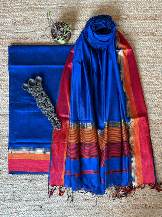 COBALT BLUE MAHESHARI BORDER SILK HANDLOOM KURTA SET