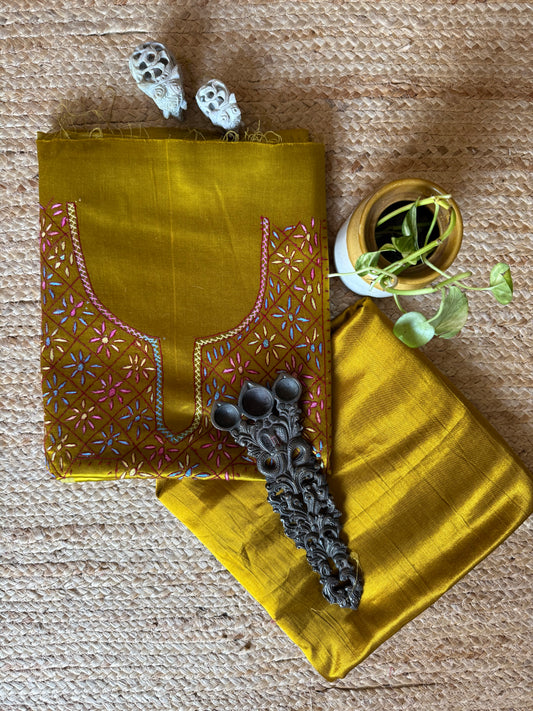 Mustard yellow mashru silk hand embroidery kashmiri handembroidery sozni work cord set cs-8