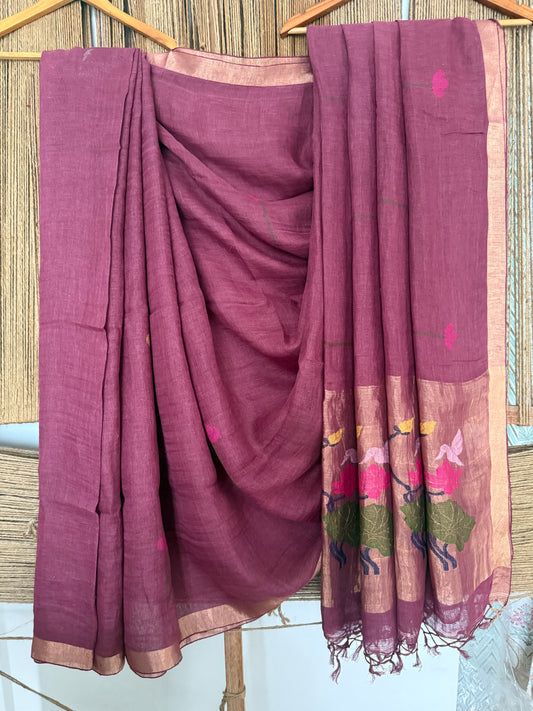 CLARET MAROON HANDWOVEN JAYSHREE LINEN JAMDANI SARI