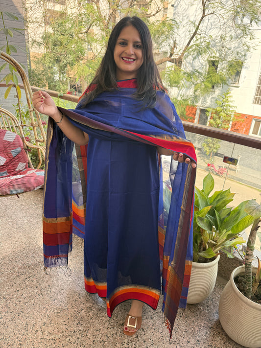 Cobalt blue maheshari border silk handloom kurta set