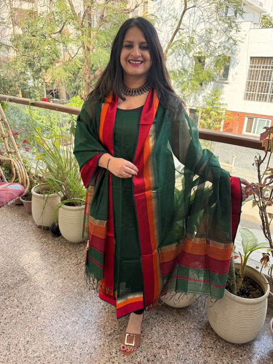 CASTLETON GREEN MAHESHARI BORDER SILK HANDLOOM KURTA SET