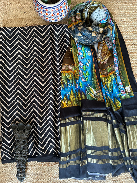 BLACK MASHRU SILK KURTA WITH PATOLA PRINT MODAL SILK DUPATTAS
