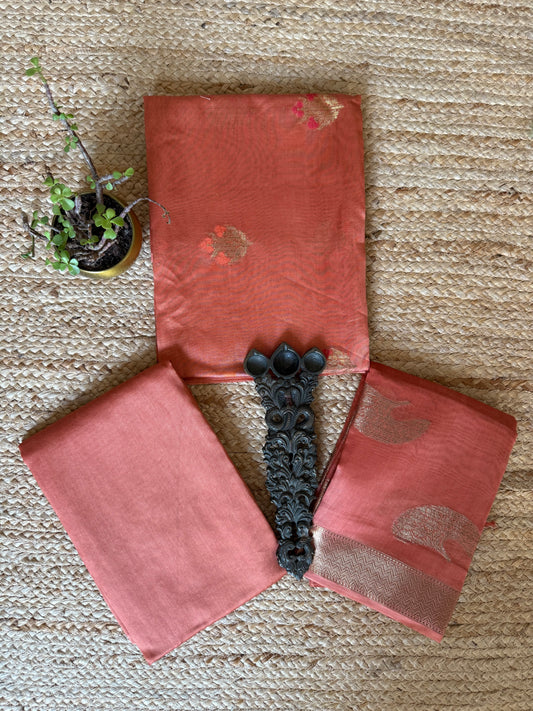Peach Pink Chanderi handloom Banarsi Booti three piece suit CBS-121