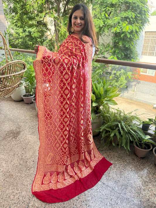 Cherry Red handwoven neemzari bareek bandhani in khaddi georgette dupatta bd-1081