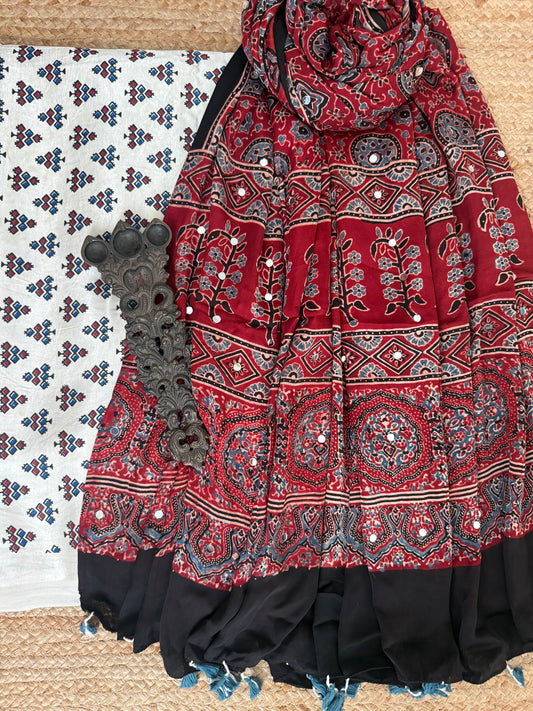 White Mashru Silk Kurta With Maroon Ajrakh Handcrafted Mirror Work Modal Silk Dupatta
