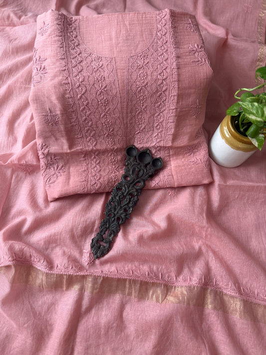 LIGHT PINK PREMIUM MULL CHANDERI LUCKNOWI CHICKENKARI HAND EMBROIDERY THREE PIECE SUIT
