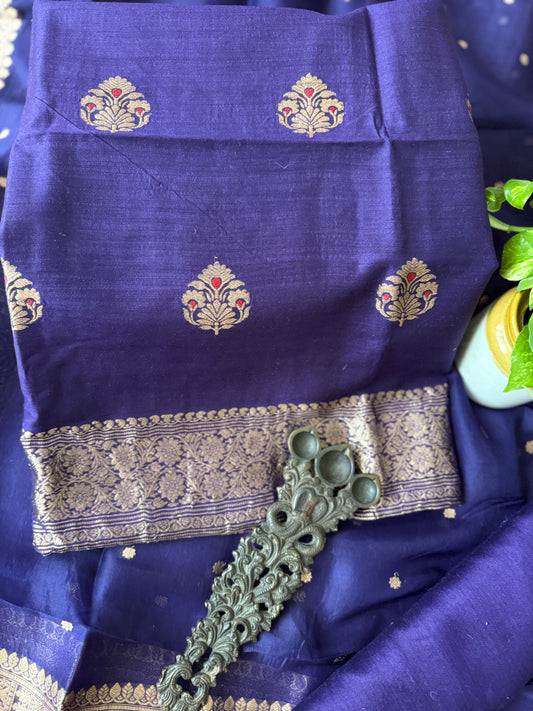 Midnight Purple Munga Silk Meenakari Certified Handloom Banarsi Kadwa Booti Three Piece Suit