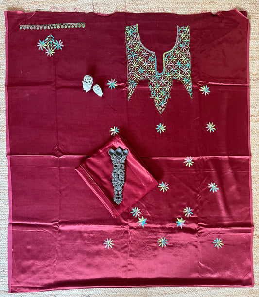 MAROON MASHRU SILK HAND EMBROIDERY KASHMIRI HANDEMBROIDERY SOZNI WORK CORD SET Cs- 27