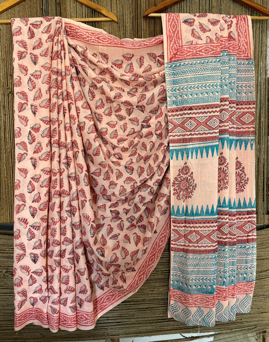 PEACH PINK SANGANERI HANDCRAFTED BLOCK PRINT COTTON SARI