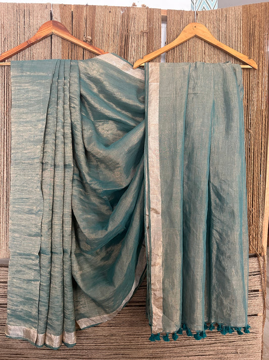 DARK CYAN METALLIC LINEN SARI WITH WOVEN BORDER ML-21