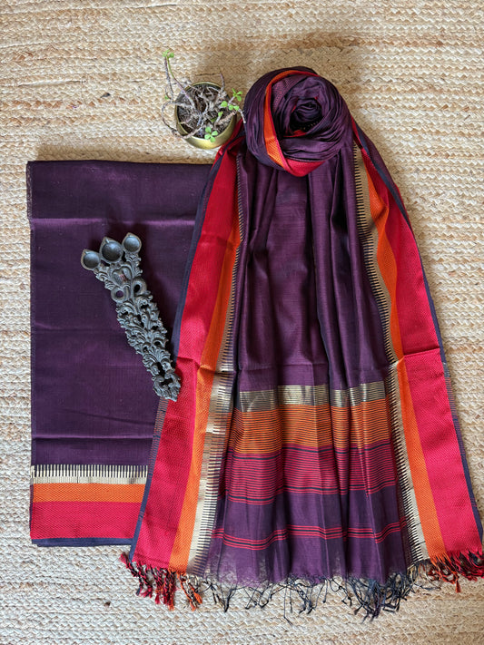 WINE MAROON MAHESHARI BORDER SILK HANDLOOM KURTA SET