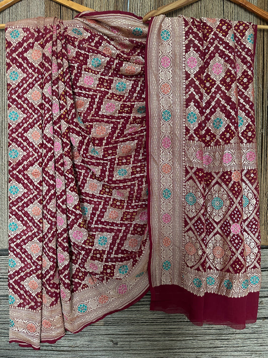 Maroon Handwoven Neem Zari Bareek Bandhani Saree with Khaddi Georgette with Meenakari Work BS- 57