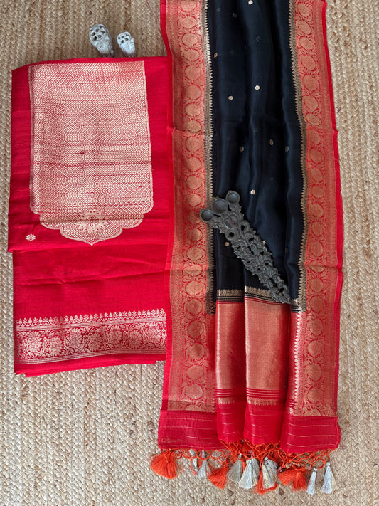 CHERRY RED RAW SILK CERTIFIED HANDLOOM BANARSI KADWA BUTTI WITH WOVEN ZARI THREE PIECE SUIT
