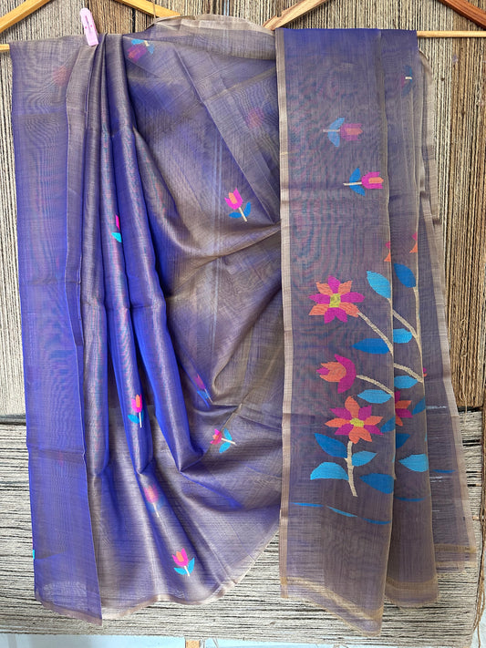 SLATE BLUE JAMDANI HANDWOVEN PURE MUSLIN SILK SARI MJS 20