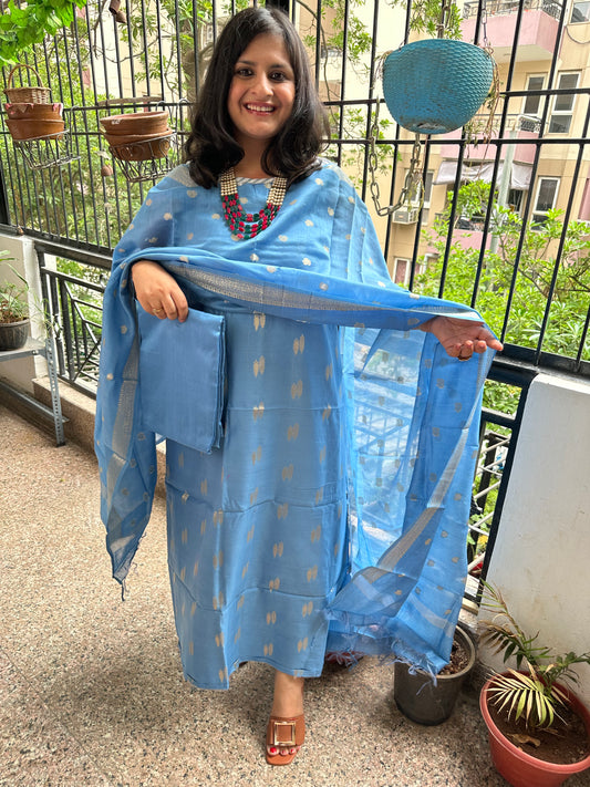 Blue Chanderi handloom Banarsi Booti three piece suit