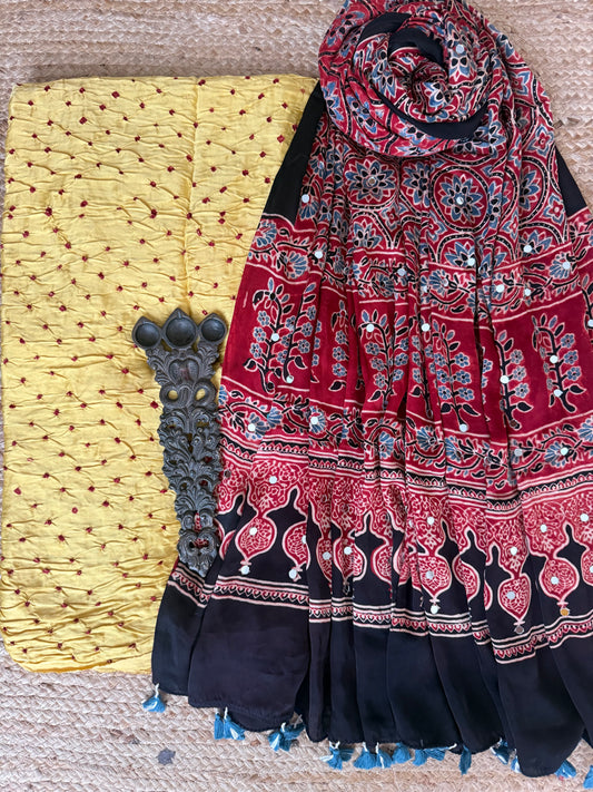 Laguna Yellow Ajrakh Modal Silk Handcrafted Kurta With Maroon Ajrakh Handcrafted Mirror Work Modal Silk Dupatta