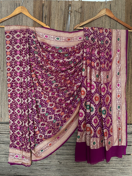 Purple Handwoven Neem Zari Bareek Bandhani Saree with Khaddi Georgette with Meenakari Work BS- 58