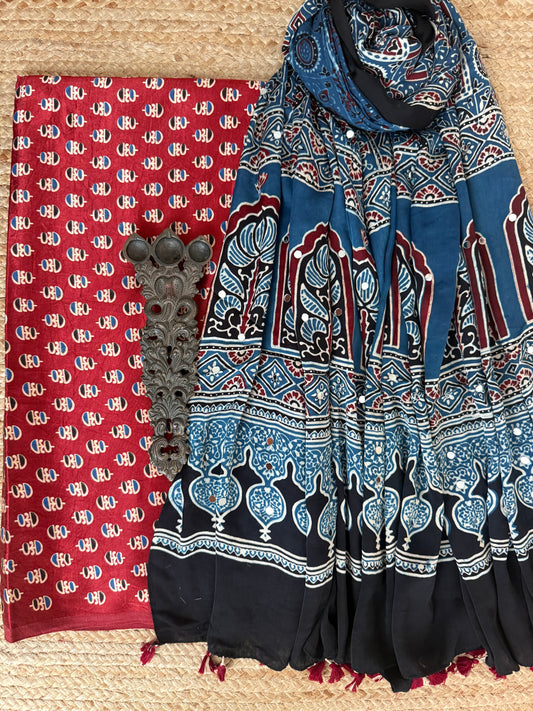 Maroon Mashru Silk Kurta With Pigeon Blue Ajrakh Handcrafted Mirror Work Modal Silk Dupatta