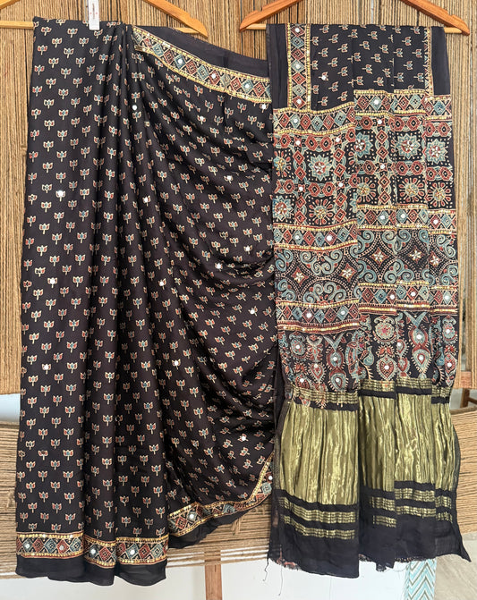 SHADOW BLACK AJRAKH HANDCRAFTED MIRROR WORK MODAL SILK SARI WITH ZARI PALLU