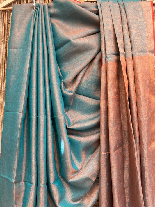 TEAL BLUE TISSUE LINEN ZARI SARI WITH WOVEN RED BORDER TL-29