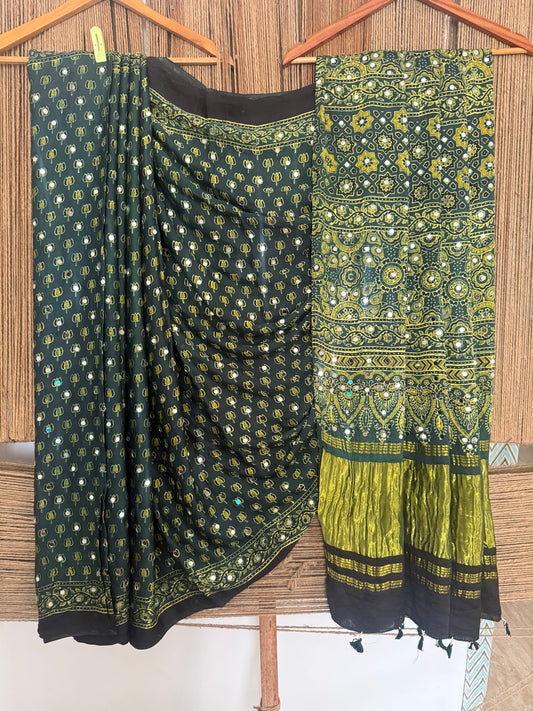BOTTLE GREEN AJRAKH HANDCRAFTED MIRROR WORK MODAL SILK SARI WITH ZARI PALLU
