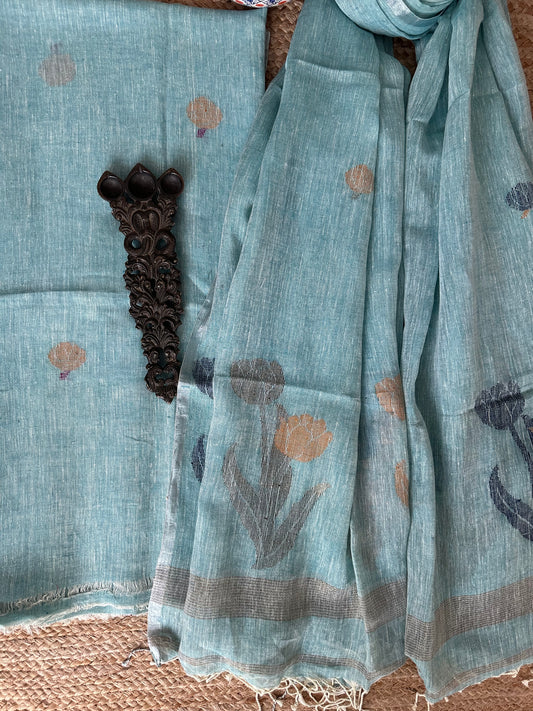 SKY BLUE JAMDANI LINEN KURTA SET LJS-1055