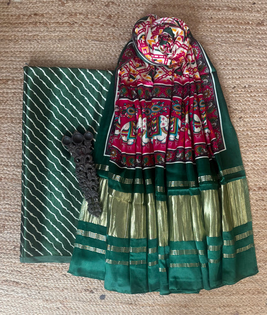 Green leheriya mashru silk kurta with patola handcrafted modal silk dupatta