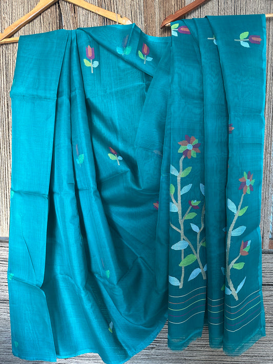 PINE GREEN JAMDANI HANDWOVEN PURE MUSLIN SILK SARI MJS 35