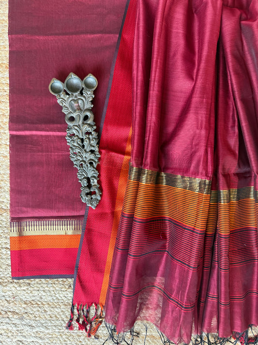 MAROON MAHESHARI BORDER SILK HANDLOOM KURTA SET