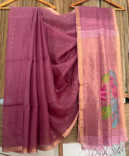 Soft Berry Pink Jamdani sequence work handwoven pure muslin silk sari With Matka Silk Blouse Piece