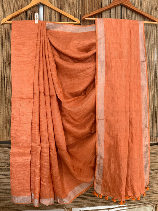 CORAL ORANGE SILVER METALLIC LINEN SARI WITH WOVEN BORDER AND TASSELS ML-70