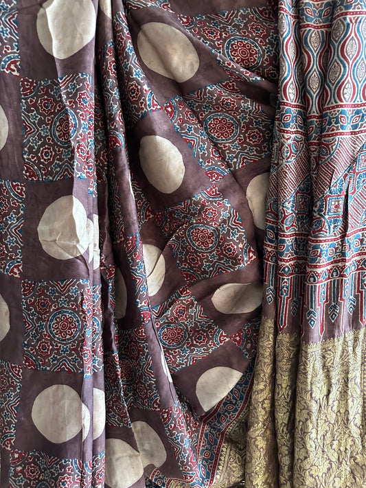 CHIKOO BROWN DOLA SILK AJRAKH ZARI BORDER SARI