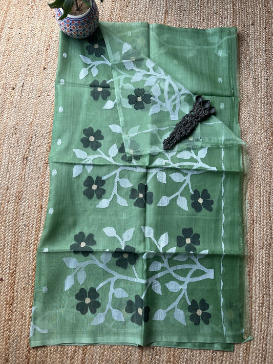 KELLY GREEN JAMDANI HANDWOVEN PURE MUSLIN SILK SARI MJS 49
