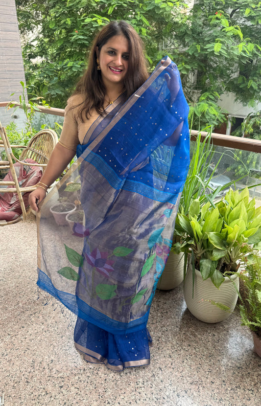 Midnlght Blue Jamdani sequence work handwoven pure muslin silk sari With Matka Silk Blouse Piece