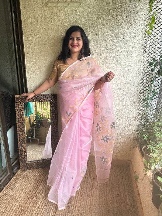 BABY PINK JAMDANI HANDWOVEN PURE MUSLIN SILK SARI MJS-5
