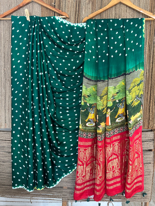 HUNTER GREEN MODAL SILK BANDHANI SARI WITH PICHWAI PRINT BPS 21