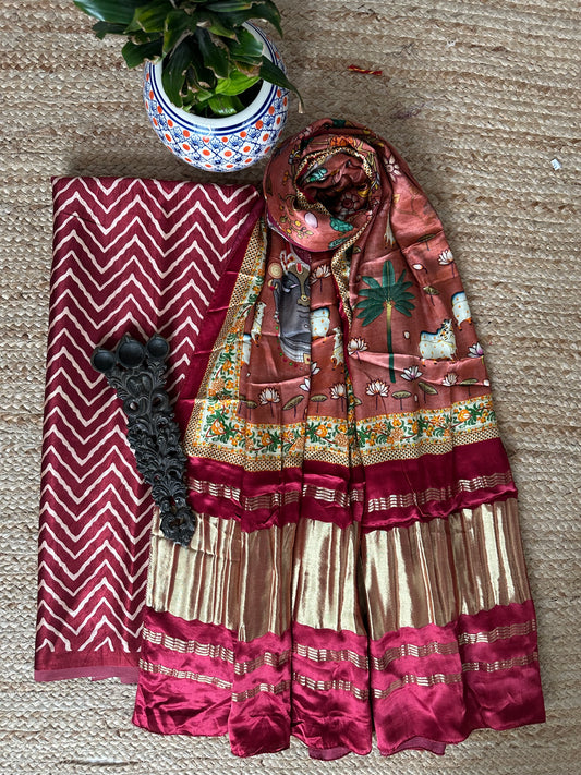 MAROON ZIGZAG MASHRU SILK KURTA WITH PATOLA HANDCRAFTED MODAL SILK DUPATTA PS-2