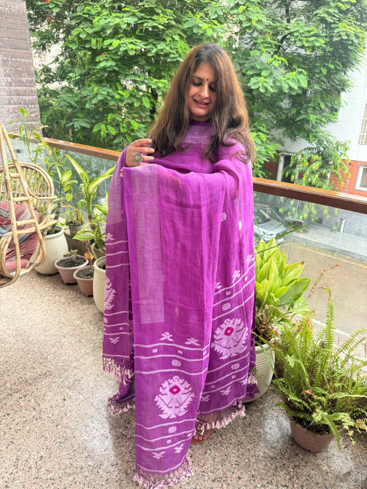 AMETHYST PURPLE PURE JAYSHREE LINEN JAMDANI HANDWOVEN KURTA SET