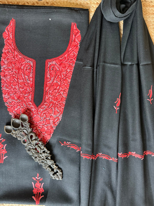 BLACK THREE PIECE EMBROIDERED WORK MERINO WOOL UNSTITCHED SUIT SET WITH HAND EMBROIDERY (AARI WORK / SOZNI) WS -9