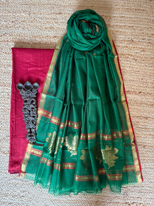 MAROON SOLID MUGA SILK KURTA WITH CHANDERI HANDLOOM SILK DUPATTA