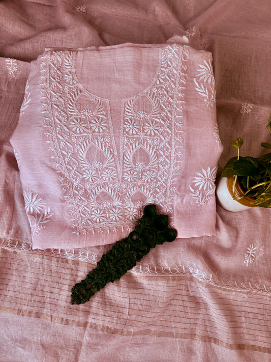 LIGHT PINK PREMIUM MULL CHANDERI LUCKNOWI CHICKENKARI HAND EMBROIDERY THREE PIECE SUIT