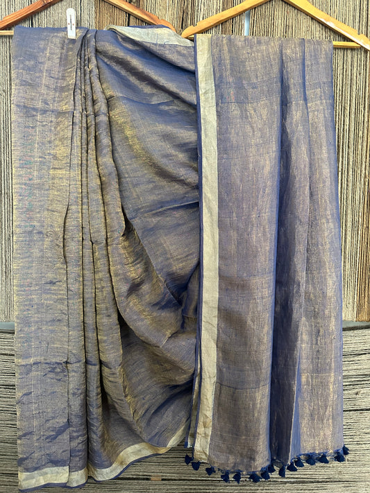 YALE BLUE GOLD METALLIC LINEN SARI WITH WOVEN BORDER ML-10
