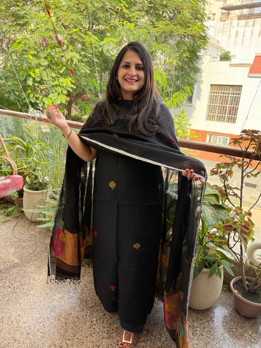 BLACK WOVEN LINEN  KURTA SET LJS- 204