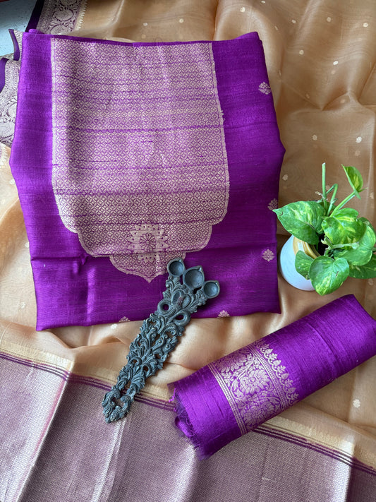 MAGENTA PURPLE RAW SILK CERTIFIED HANDLOOM BANARSI KADWA BUTTI WITH WOVEN ZARI THREE PIECE SUIT