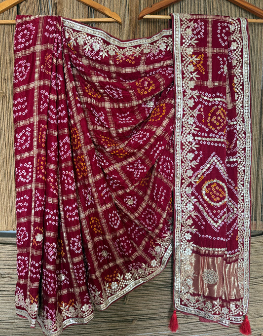MAROON RAI BANDHANI GHARCHOLA GAJJI SILK SARI WITH HANDEMBROIDERY GOTTA PATTI BS- 405
