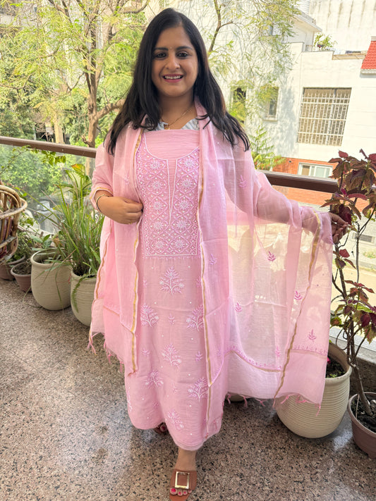 Soft berry pink premium mull chanderi lucknowi chickenkari with moti work hand embroidery three piece suit
