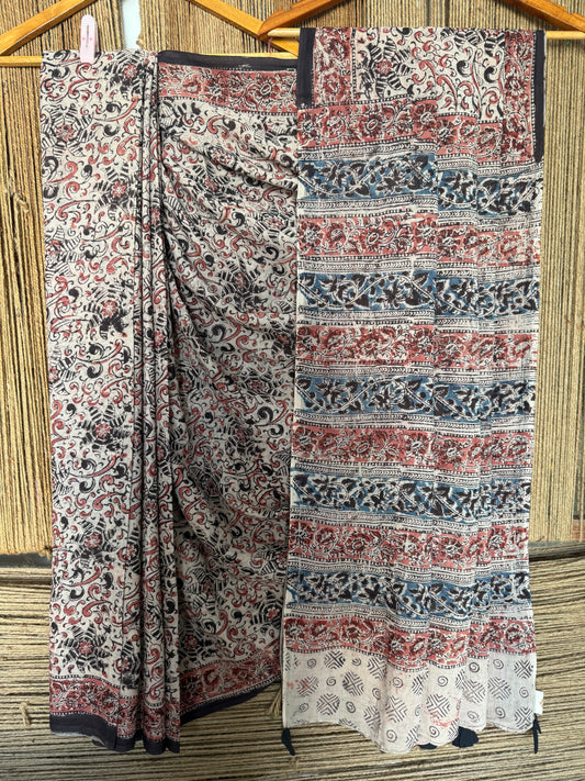 BEIGE KALAMKARI MULL COTTON AJRAKH HAND CRAFTED SARI