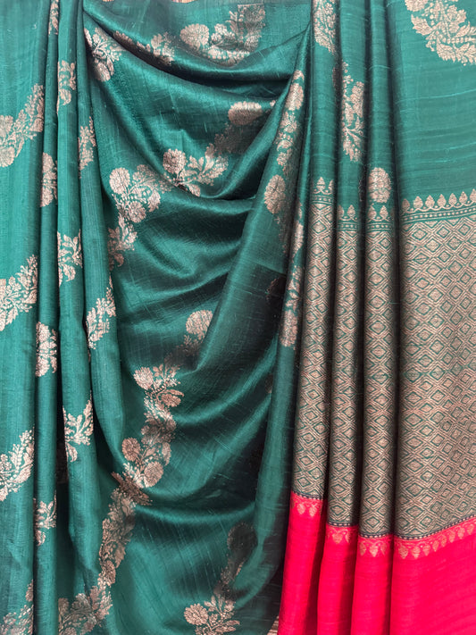 Bottle Green Raw Silk Certified Handloom Banarsi sari With Woven Zari